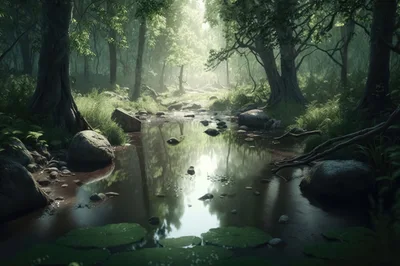 Serene Forest Stream With Sunlight Filtering Through Trees