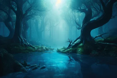 Enchanted Forest With Glowing River And Ancient Trees