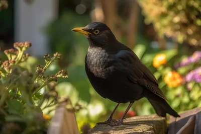 Common Blackbird Perched On A Garden Wall