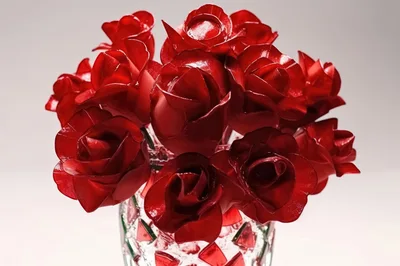 Red Rose Shaped Ice Cubes In Glass Vase