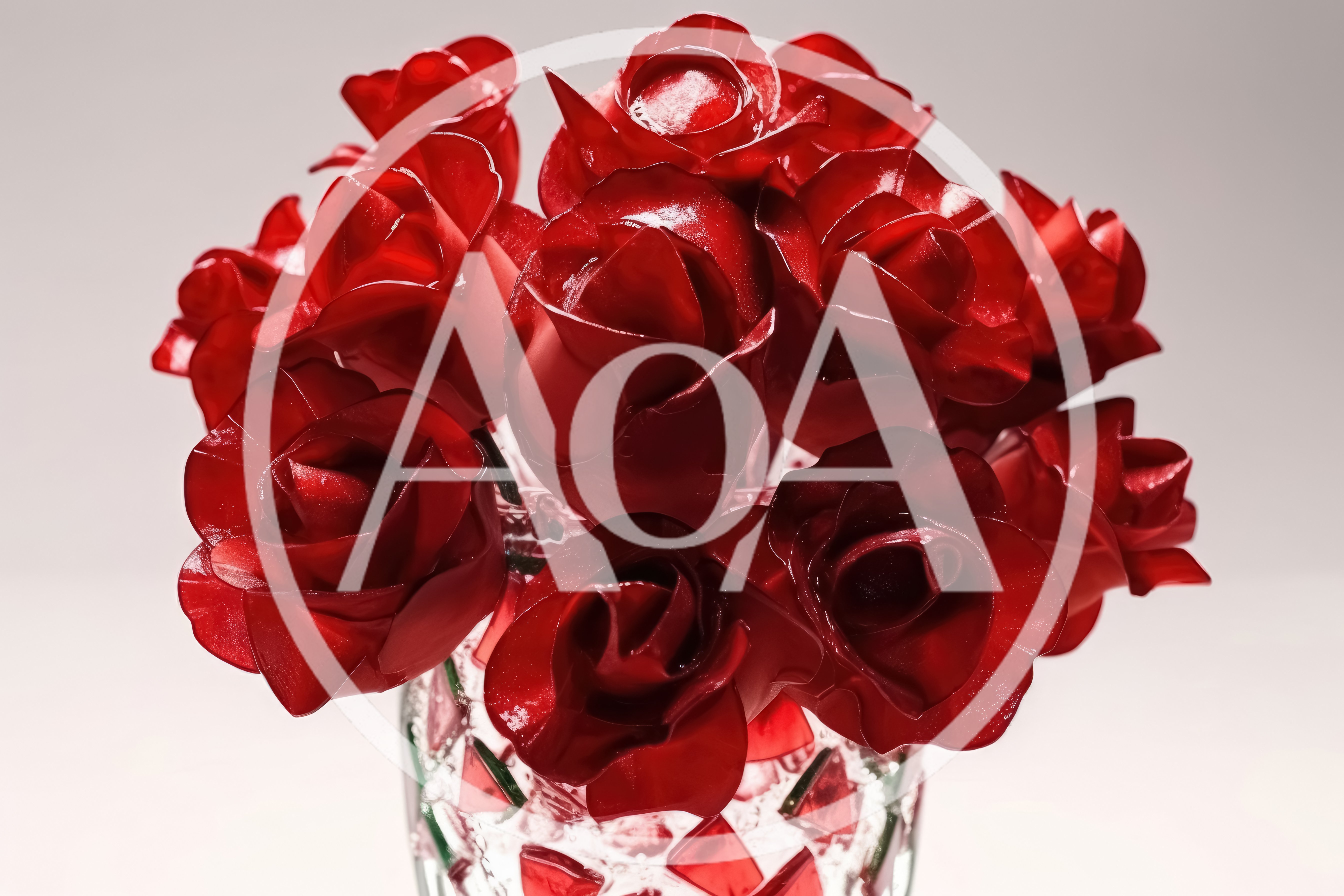 Red Rose Shaped Ice Cubes In Glass Vase