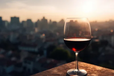 Glass Of Red Wine Overlooking A City Skyline