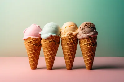 Four Colorful Ice Cream Scoops In Waffle Cones