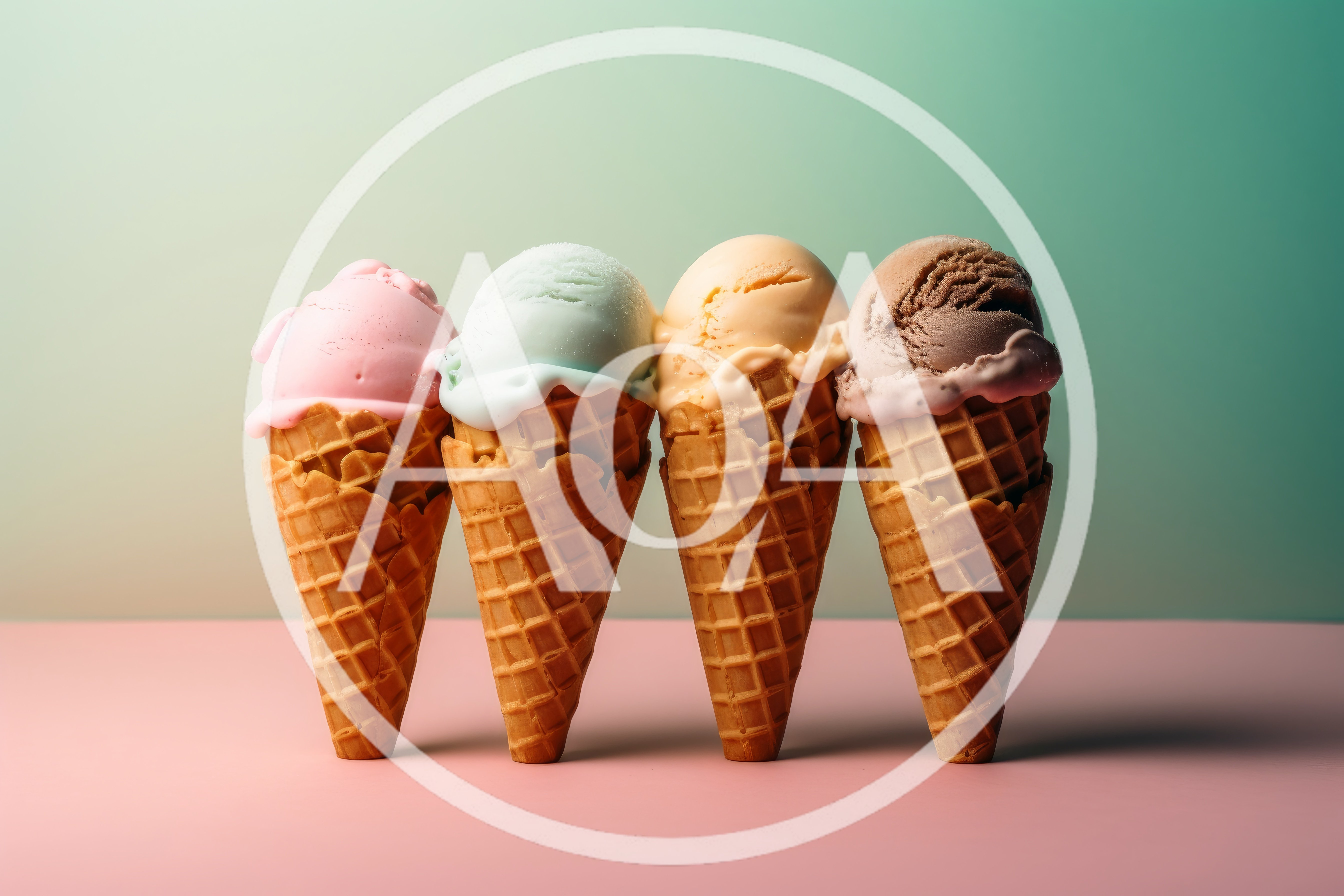 Four Colorful Ice Cream Scoops In Waffle Cones