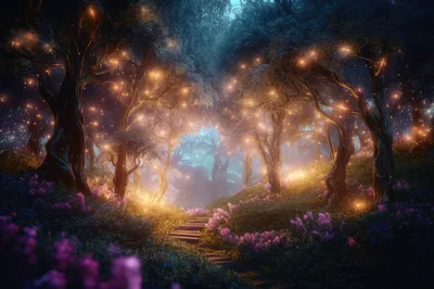 Enchanted Forest Path With Glowing Fairy Lights