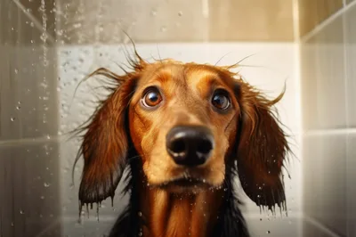 Wet Dachshund Dog Taking A Shower