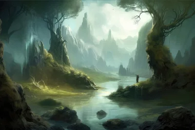 Fantasy Landscape With A Lone Traveler By A River