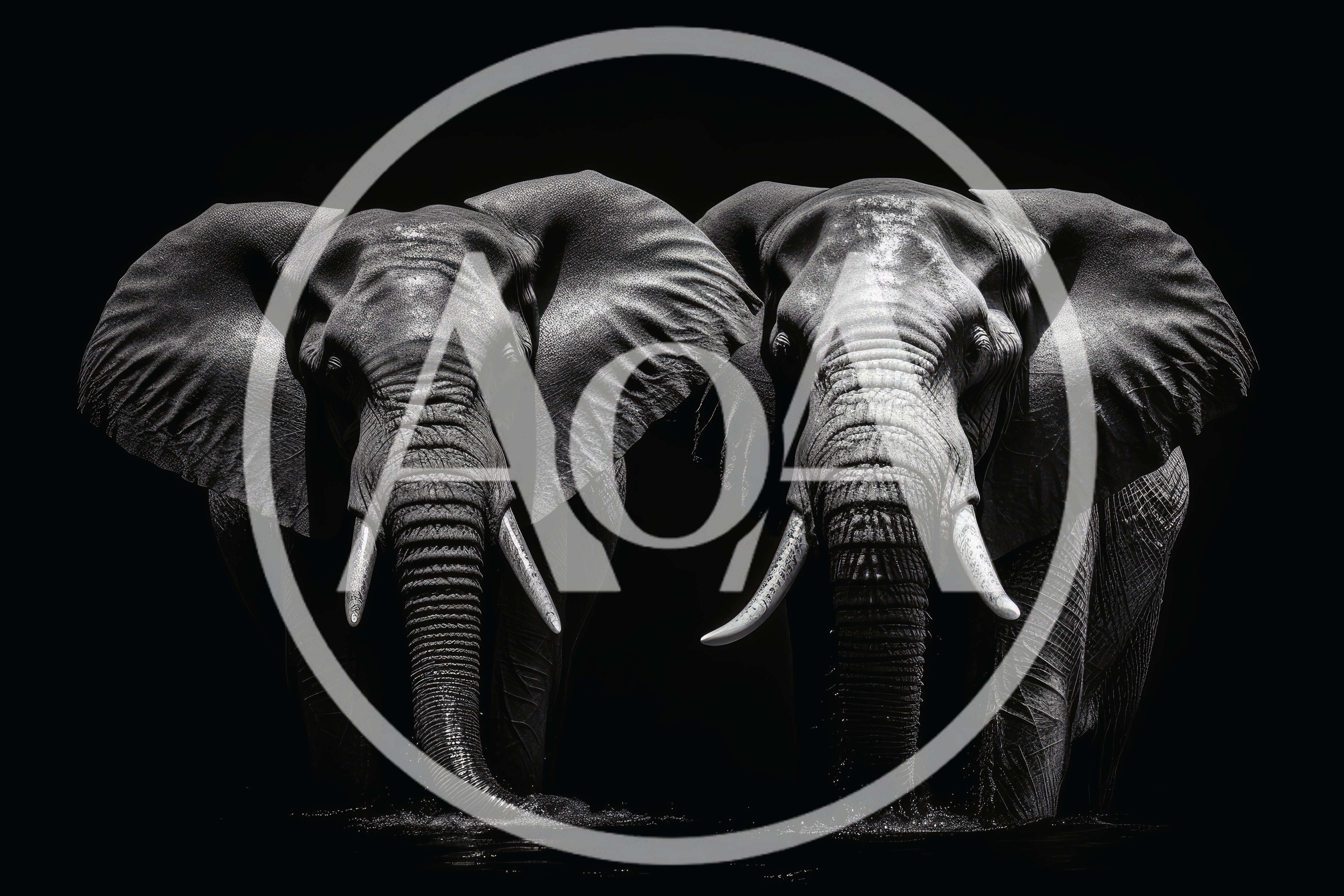 Two Majestic African Elephants Standing In Dark Water