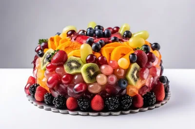 Fresh Fruit Topped Cake On A Silver Platter
