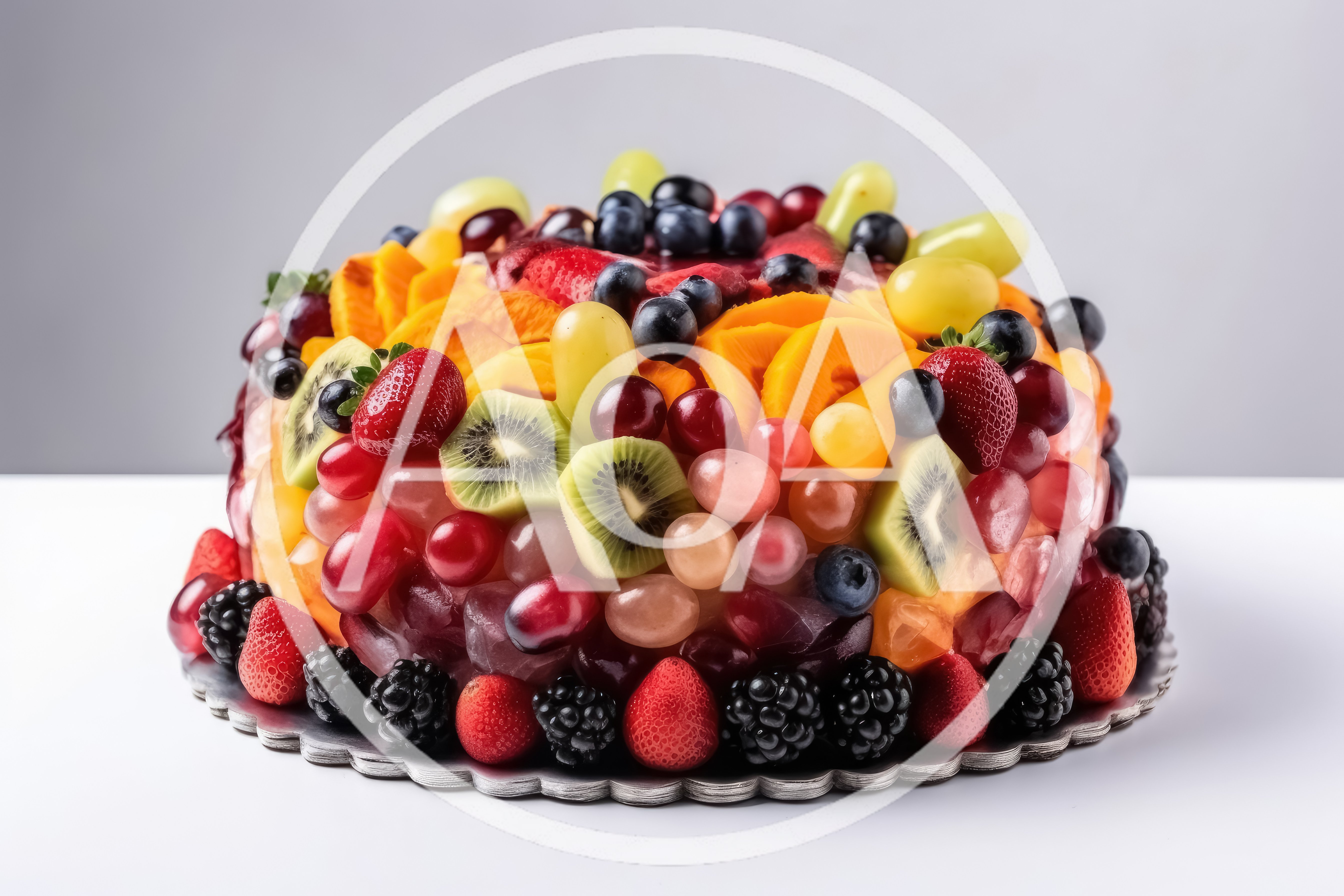 Fresh Fruit Topped Cake On A Silver Platter
