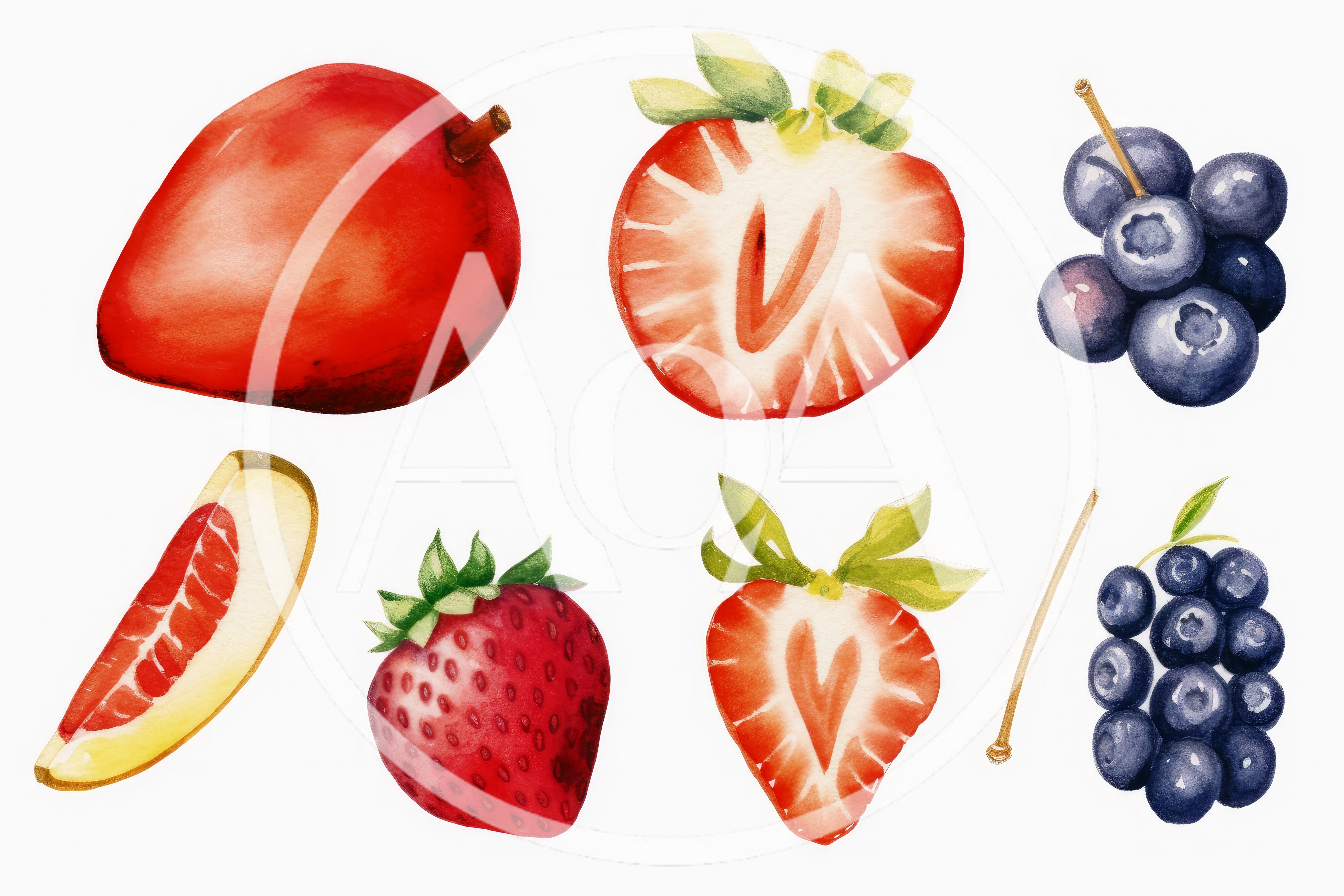 Watercolor Illustration Set Of Fresh Summer Fruits And Berries