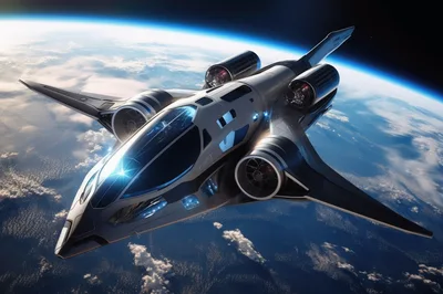 Futuristic Spacecraft Flying Above Earth Atmosphere
