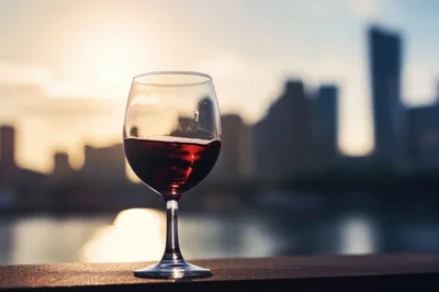 Glass Of Red Wine At Sunset Over City Skyline