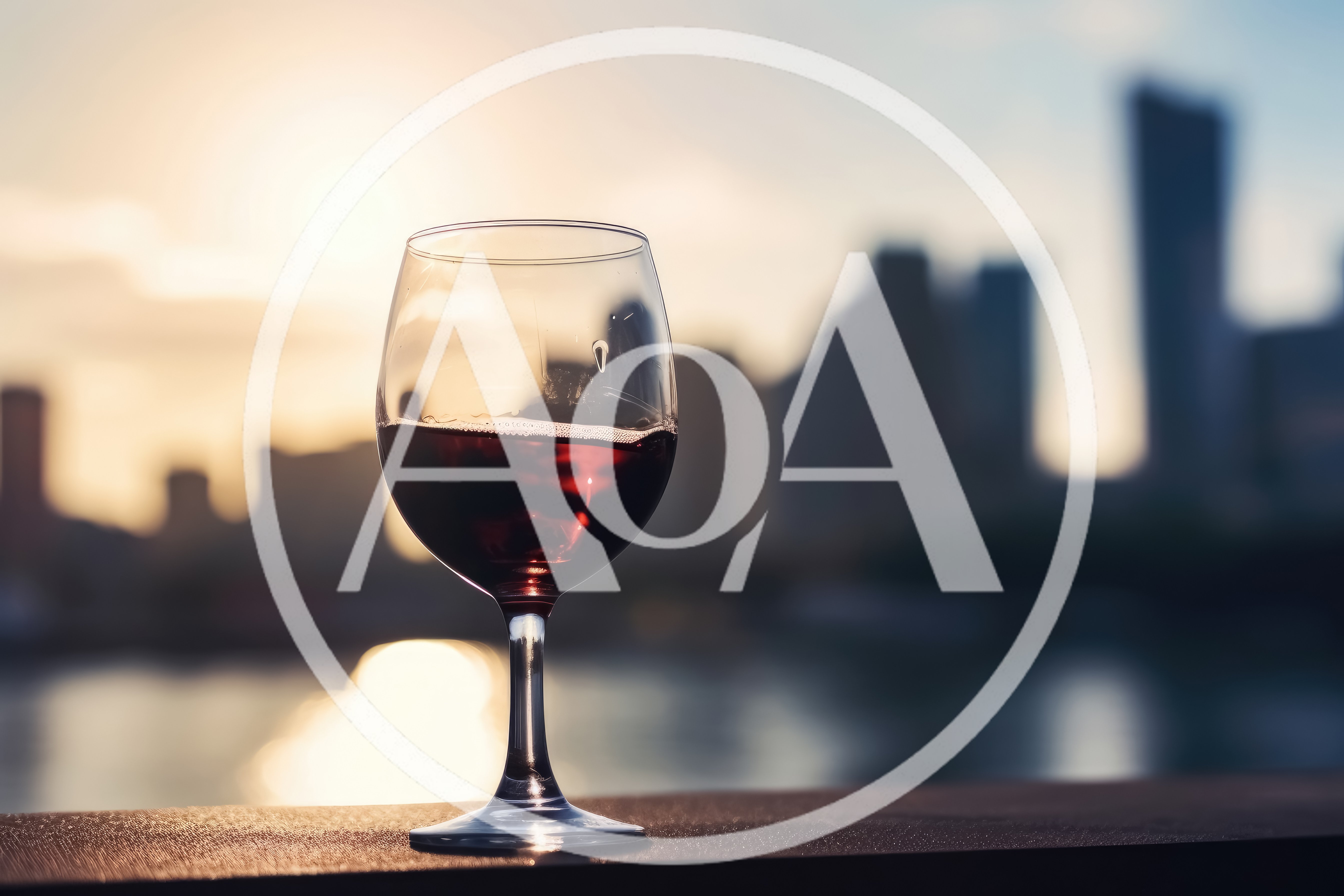 Glass Of Red Wine At Sunset Over City Skyline
