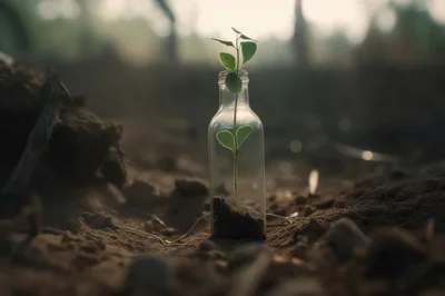 Small Green Plant Growing Inside A Glass Bottle