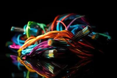 Colorful Electrical Wires Bundled on Reflective Black Surface