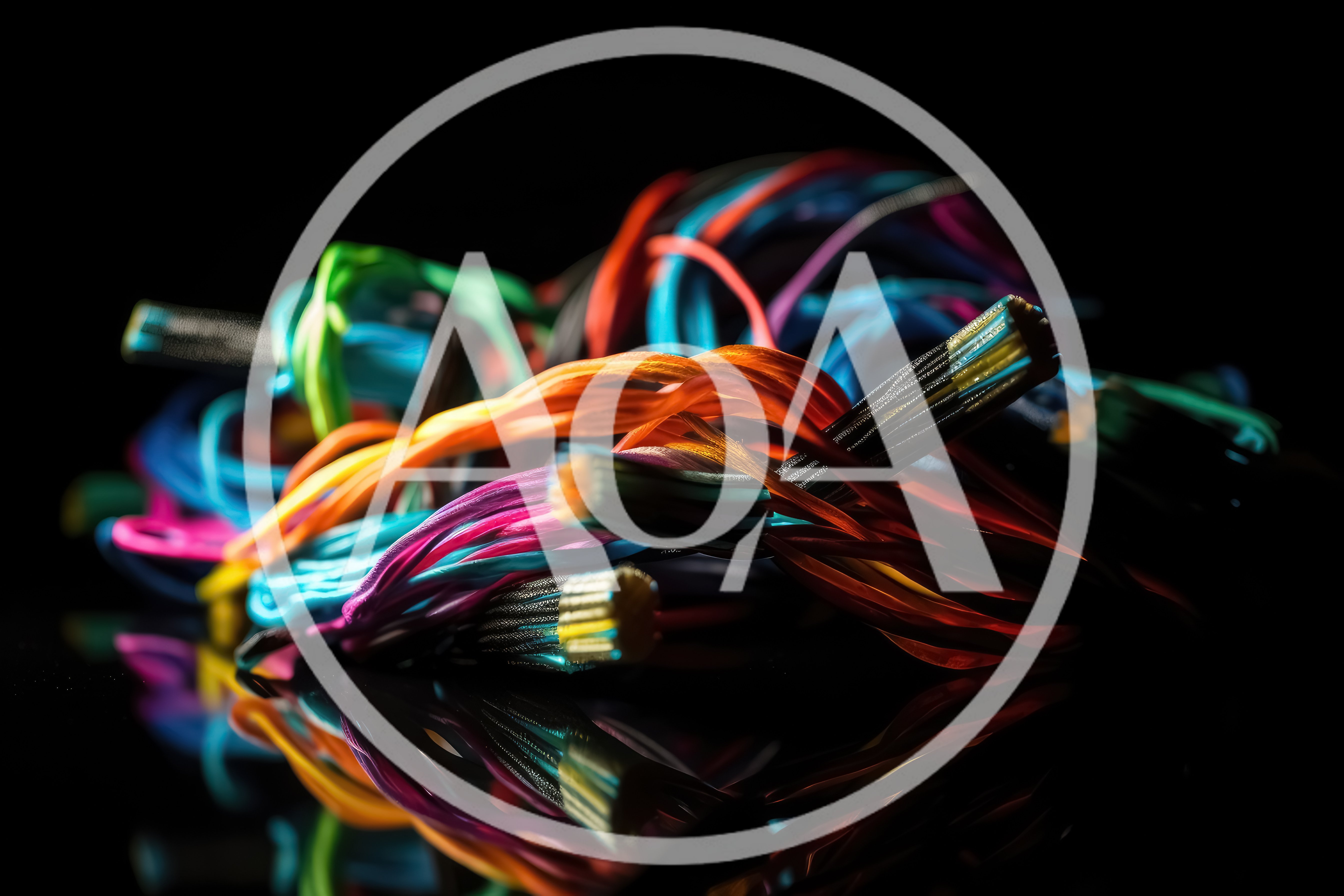 Colorful Electrical Wires Bundled on Reflective Black Surface