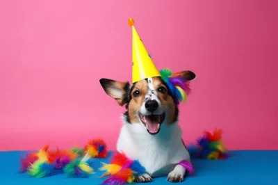 Happy Dog Wearing Party Hat And Colorful Feathers