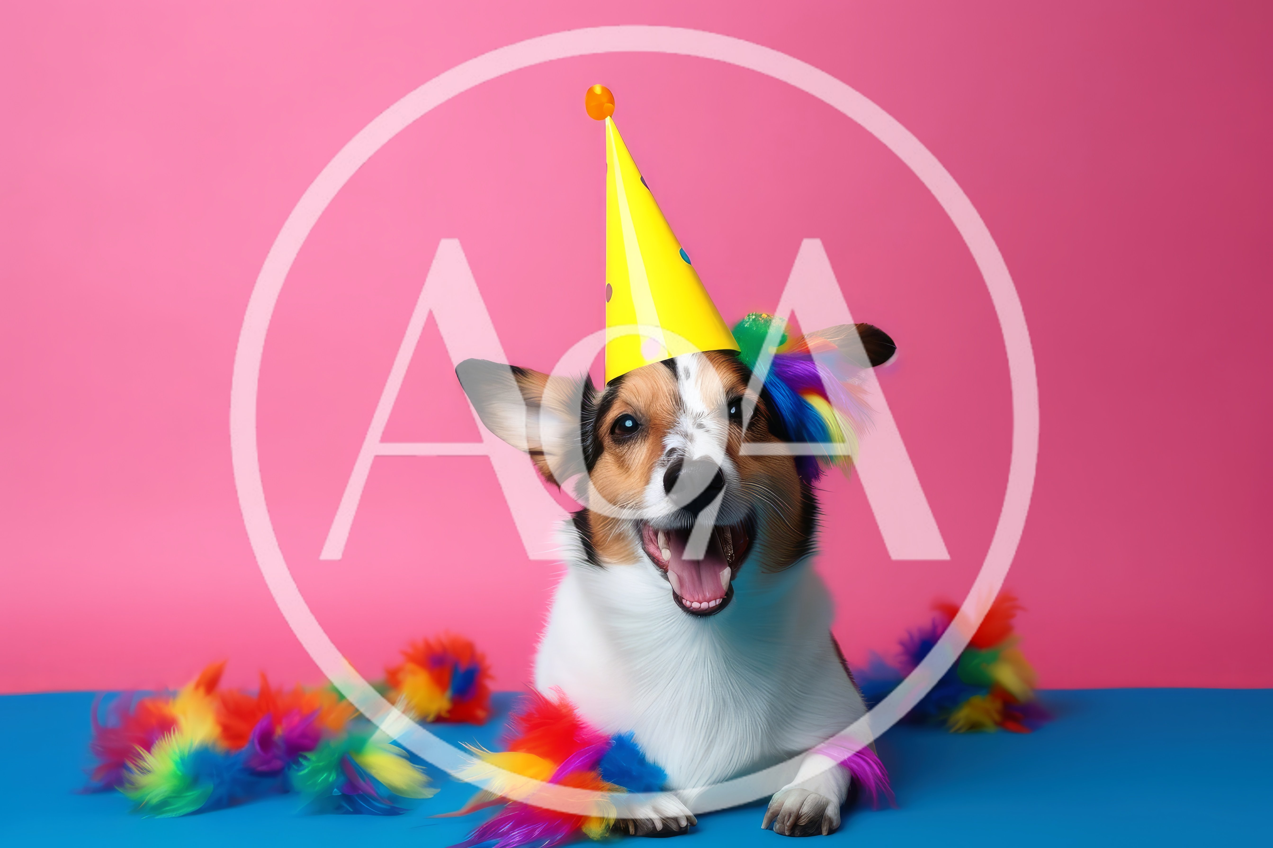 Happy Dog Wearing Party Hat And Colorful Feathers