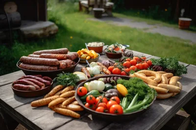 Outdoor Picnic Table With Assorted Sausages And Fresh Vegetables