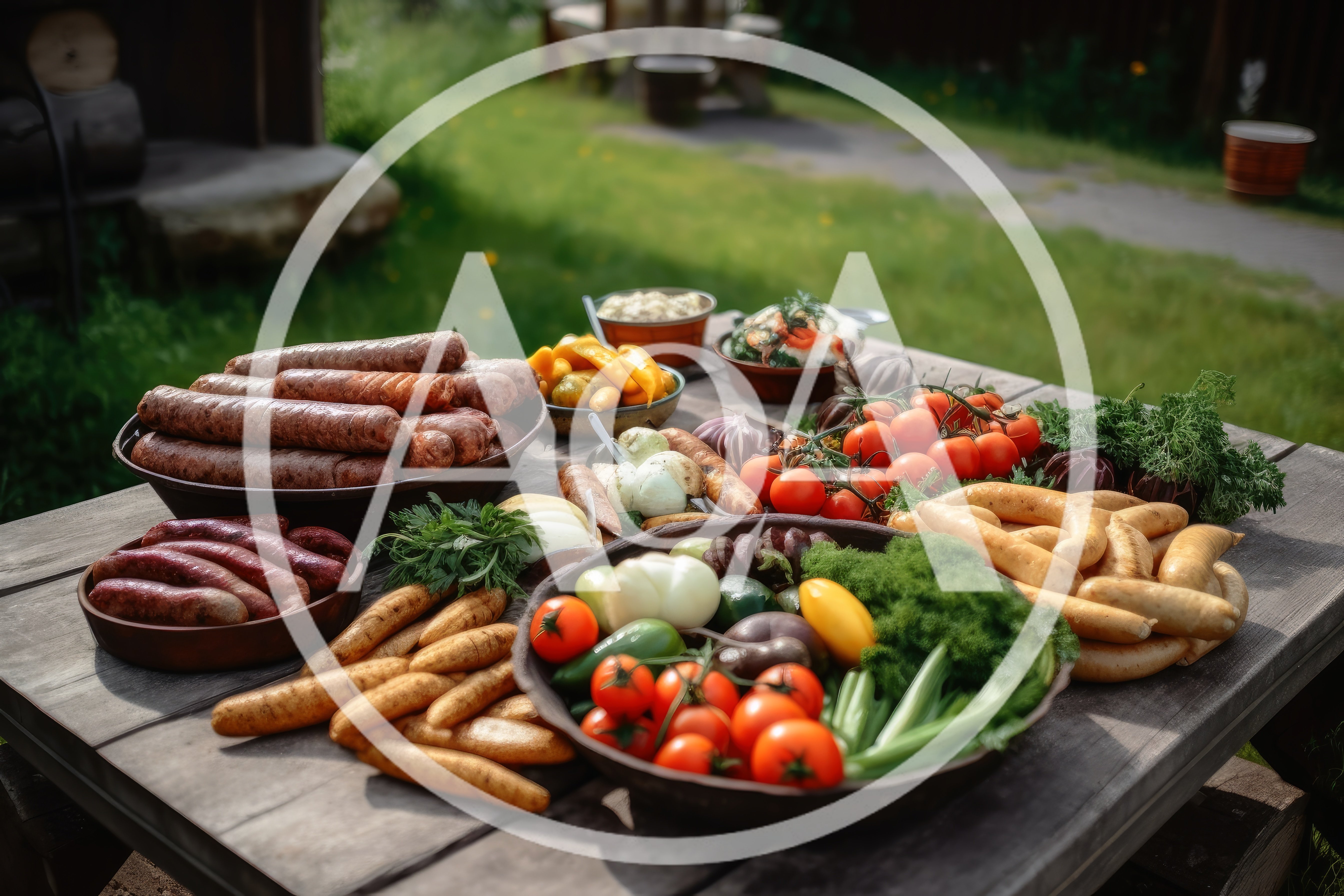 Outdoor Picnic Table With Assorted Sausages And Fresh Vegetables