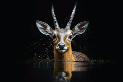 Duiker Antelope Swimming In Dark Water