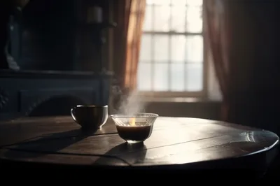 Steaming Cup And Candle On A Wooden Table
