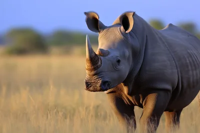 White Rhinoceros Standing In African Savanna Grassland