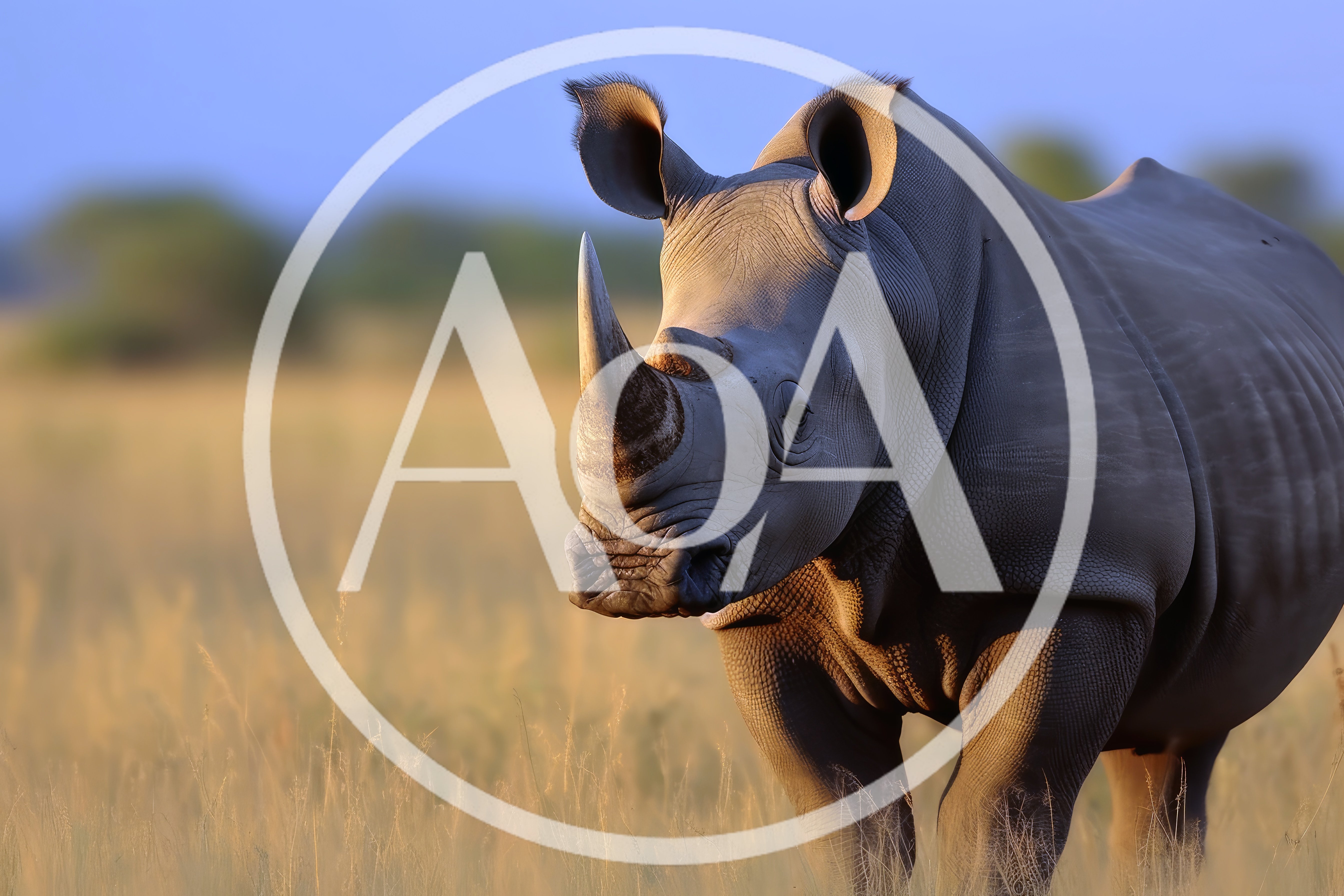 White Rhinoceros Standing In African Savanna Grassland