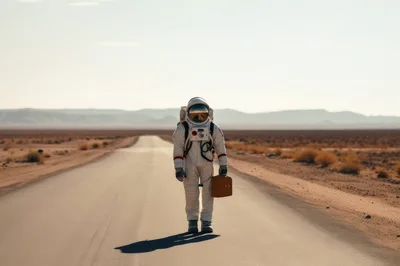 Astronaut Walking With A Briefcase On A Desert Road