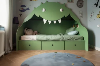Whimsical Monster Themed Children Bedroom With Green Bed