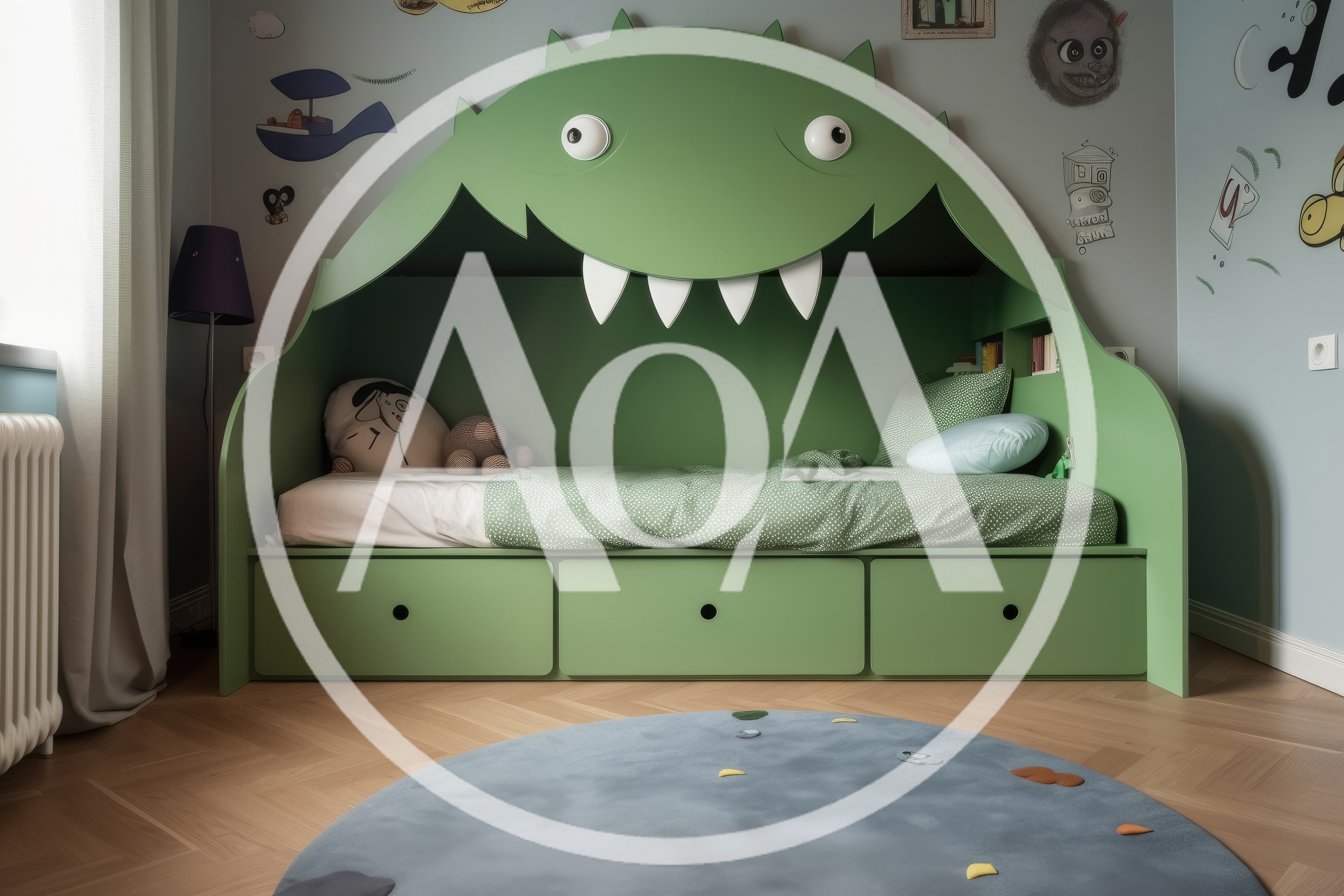 Whimsical Monster Themed Children Bedroom With Green Bed