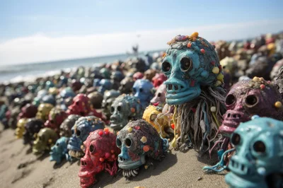 Collection Of Colorful Decorative Skulls On Sandy Beach