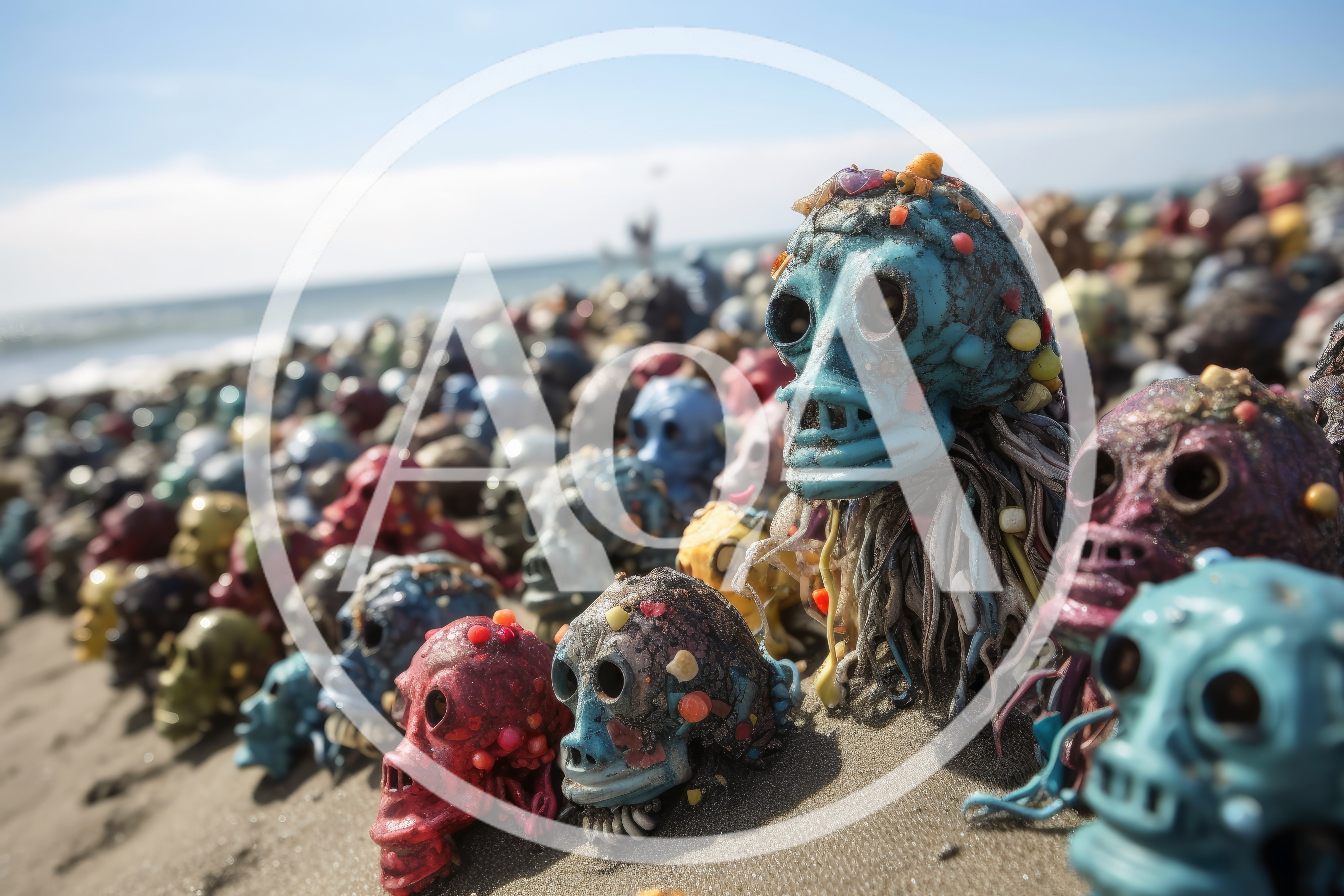 Collection Of Colorful Decorative Skulls On Sandy Beach