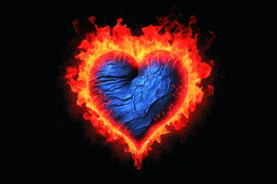 Blue Heart Engulfed In Intense Fiery Flames