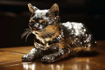 Metallic Silver Cat Figurine On Wooden Table