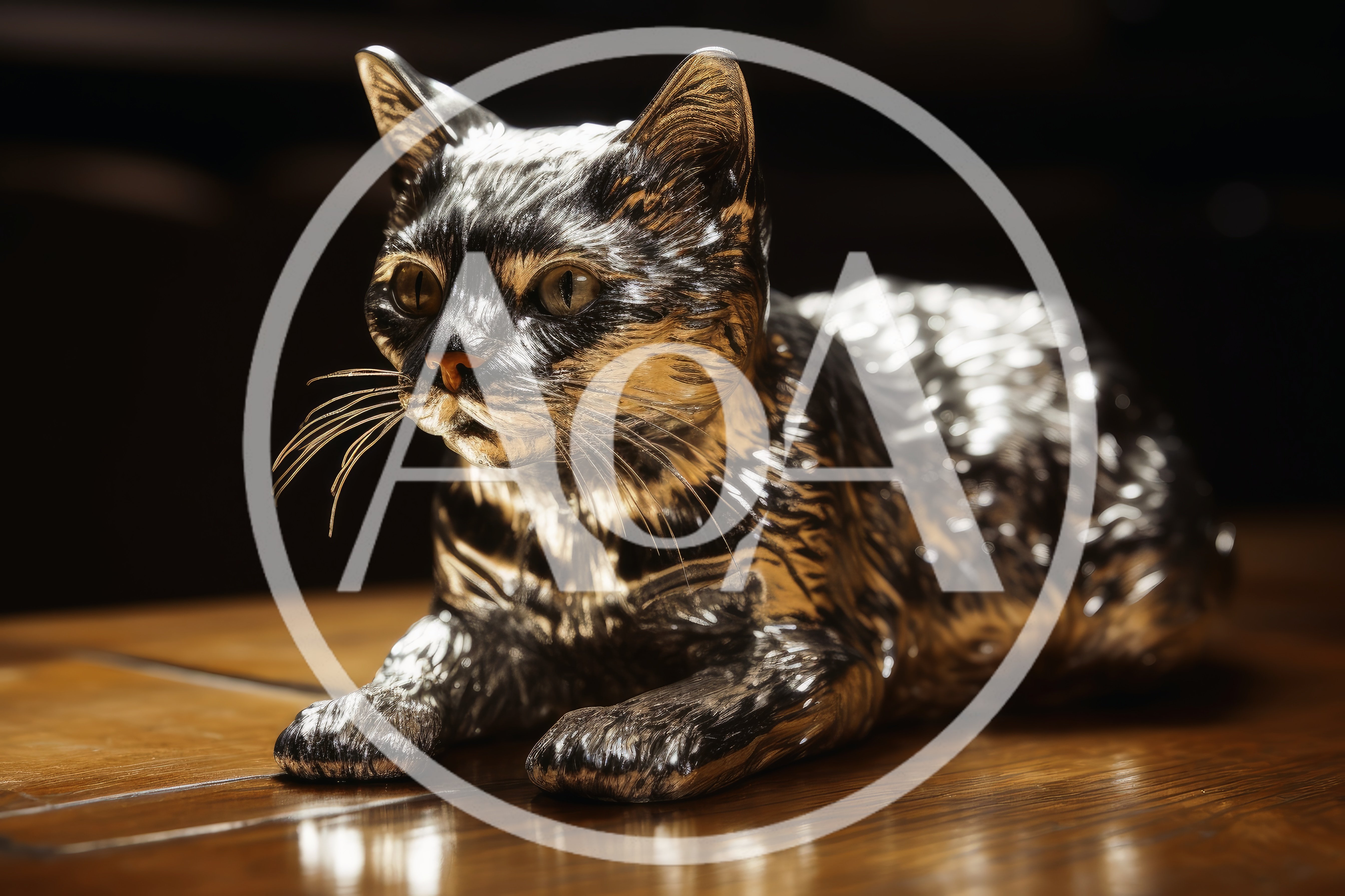 Metallic Silver Cat Figurine On Wooden Table