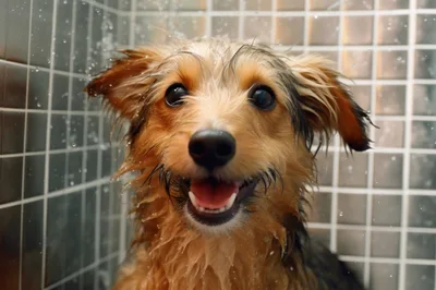 Wet Dog Taking A Shower In Tiled Bathroom