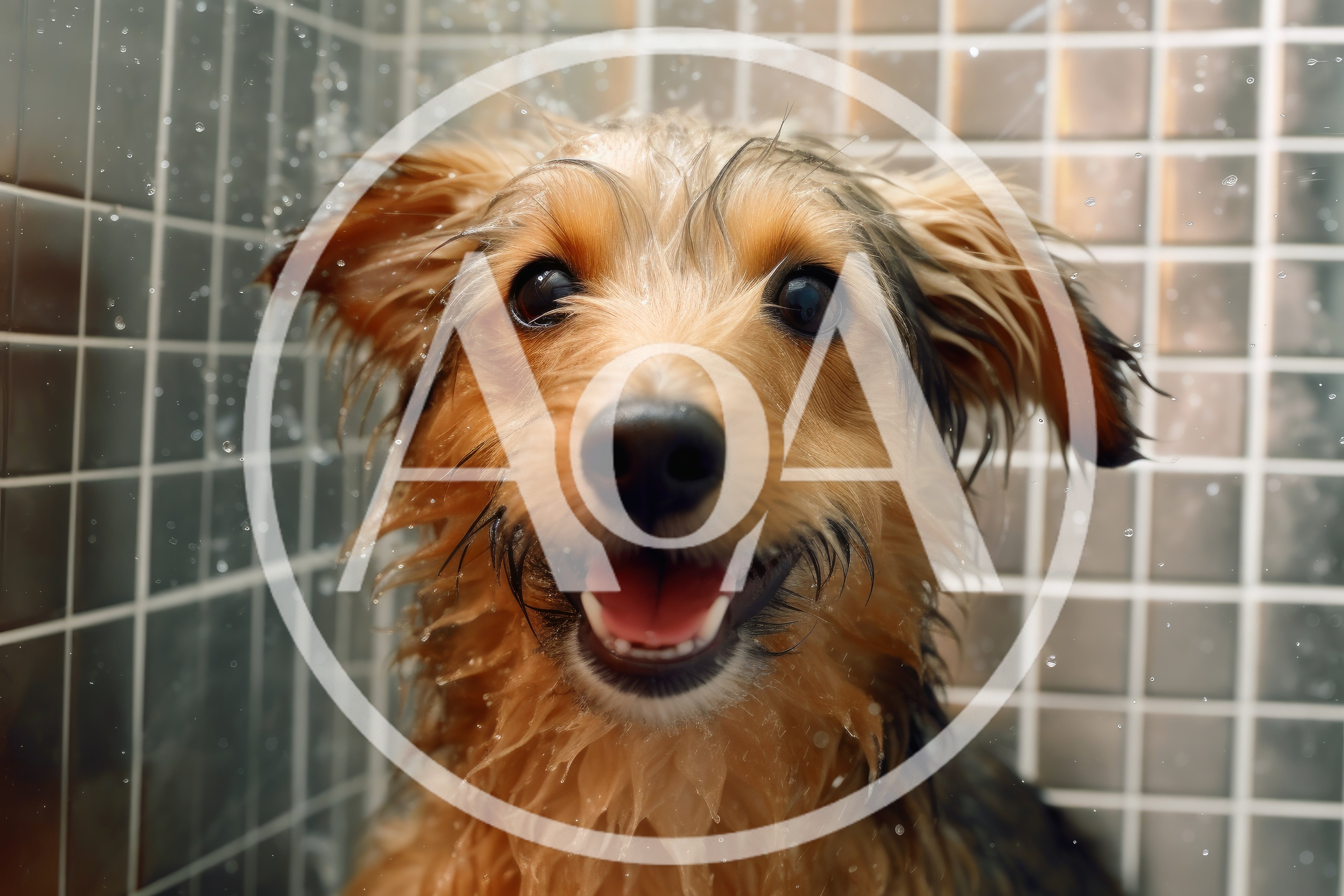 Wet Dog Taking A Shower In Tiled Bathroom