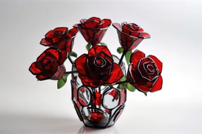 Stained Glass Red Rose Bouquet In Decorative Vase