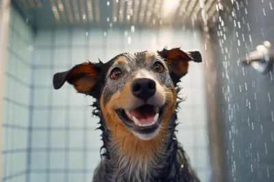 Happy Dog Taking A Shower In A Tiled Stall