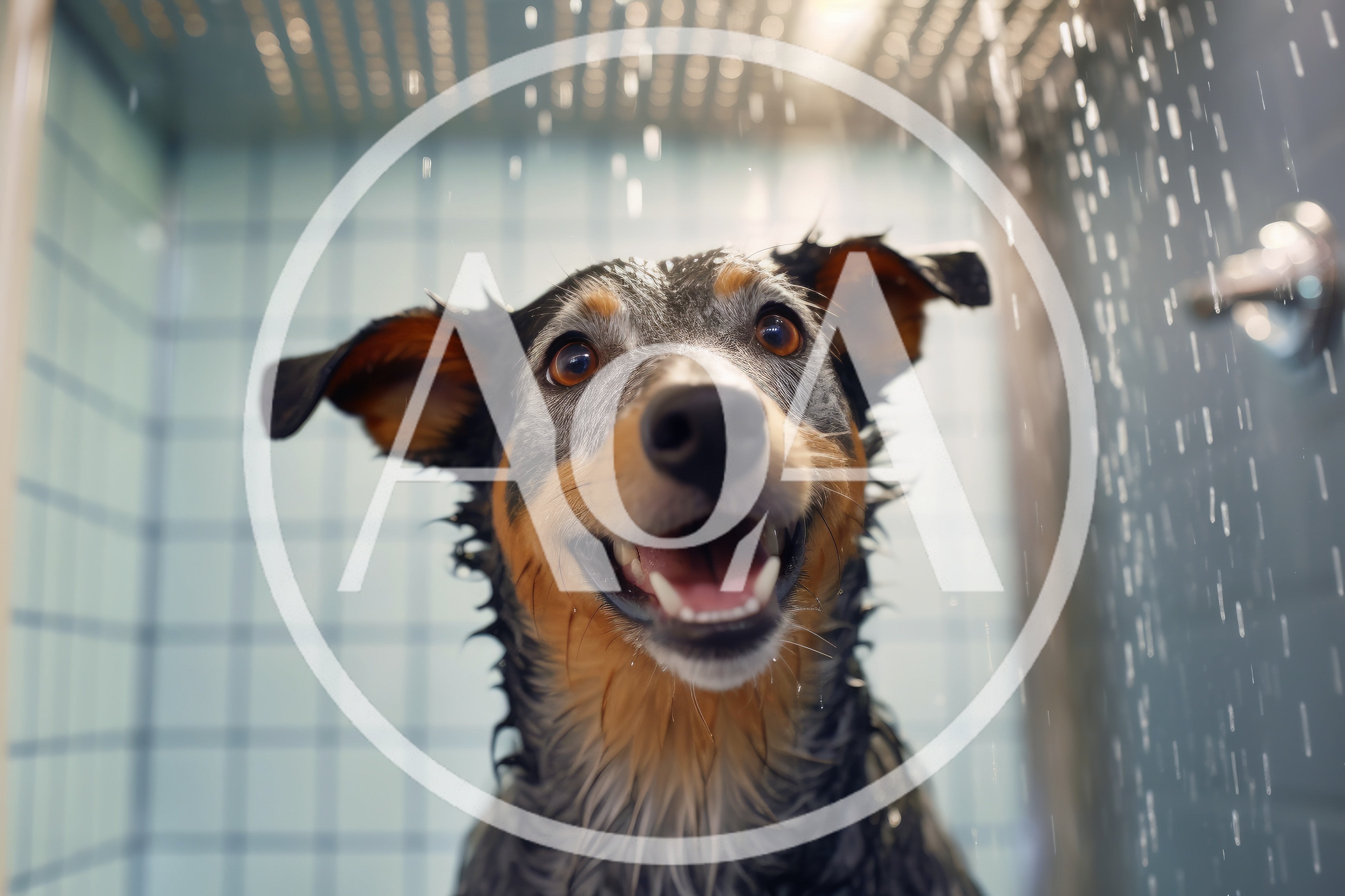 Happy Dog Taking A Shower In A Tiled Stall