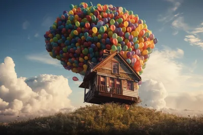 Floating Wooden House Lifted By Colorful Balloons