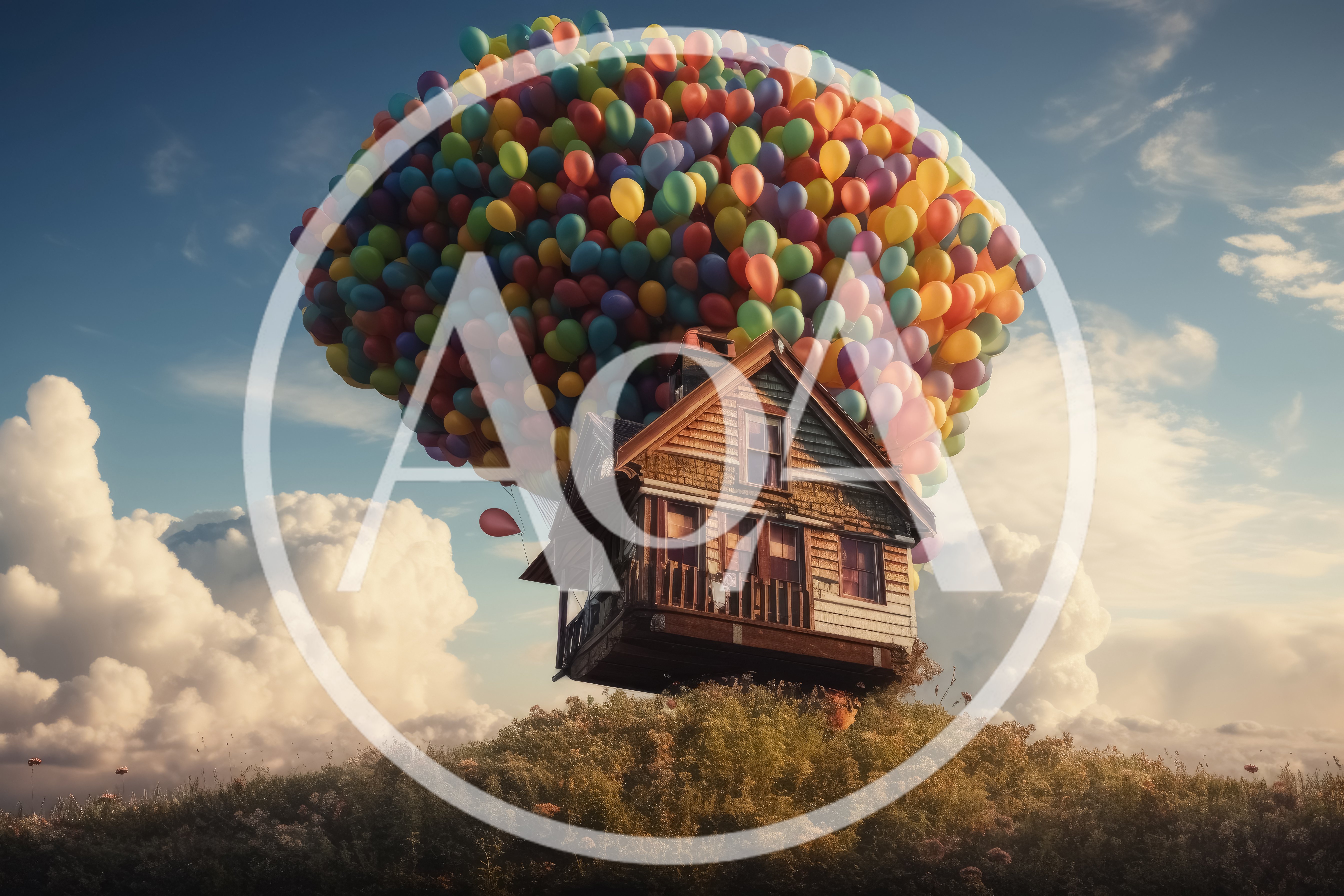 Floating Wooden House Lifted By Colorful Balloons