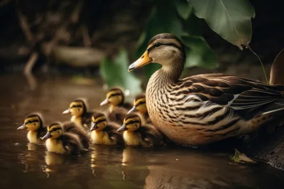 Mother Duck Swimming With Her Ducklings In A Pond