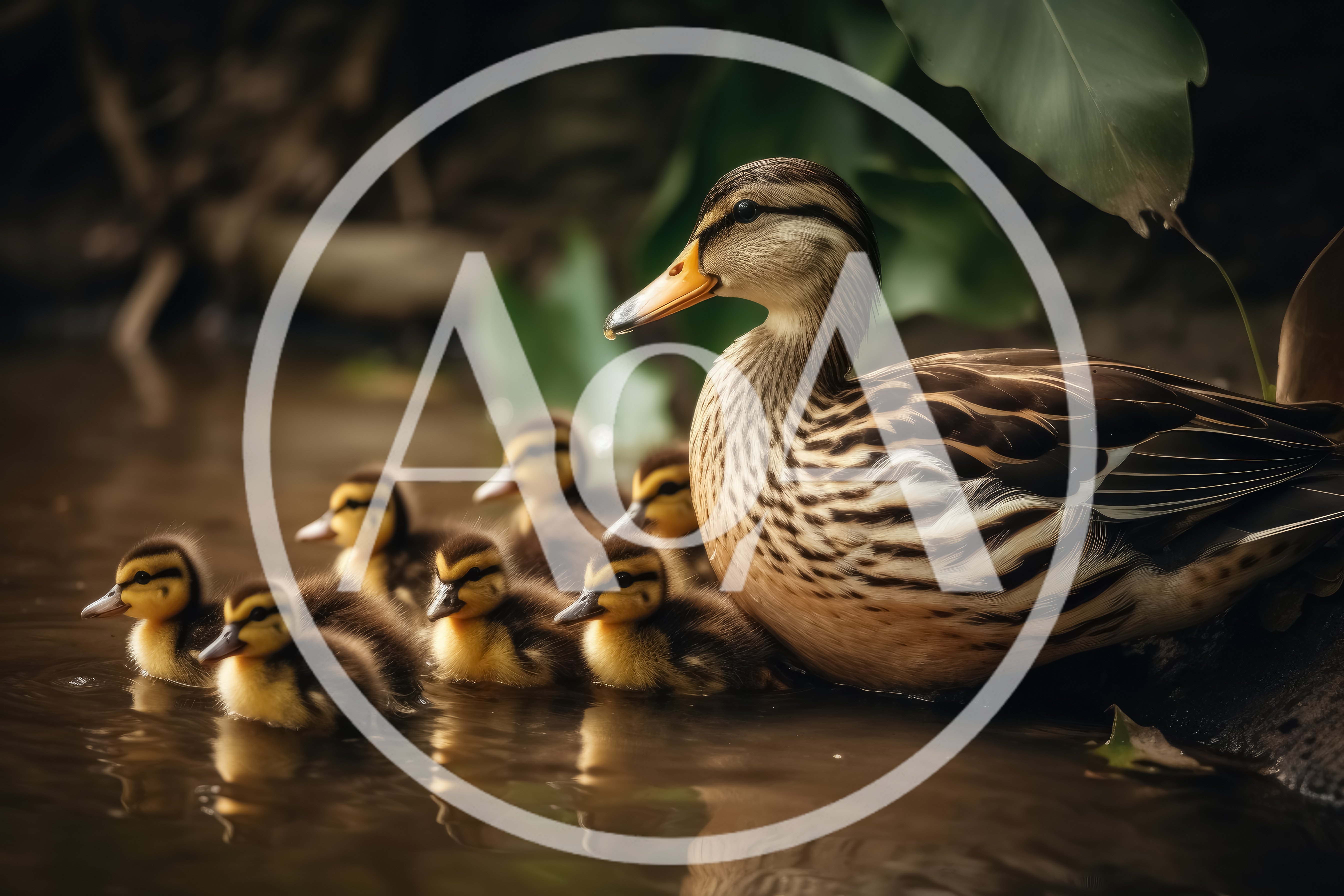 Mother Duck Swimming With Her Ducklings In A Pond