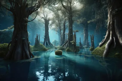 Ethereal Misty Swamp Forest With Glowing Blue Water