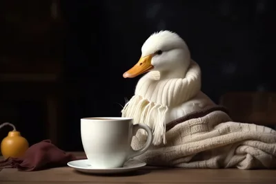 White Duck Wearing A Scarf With A Coffee Cup