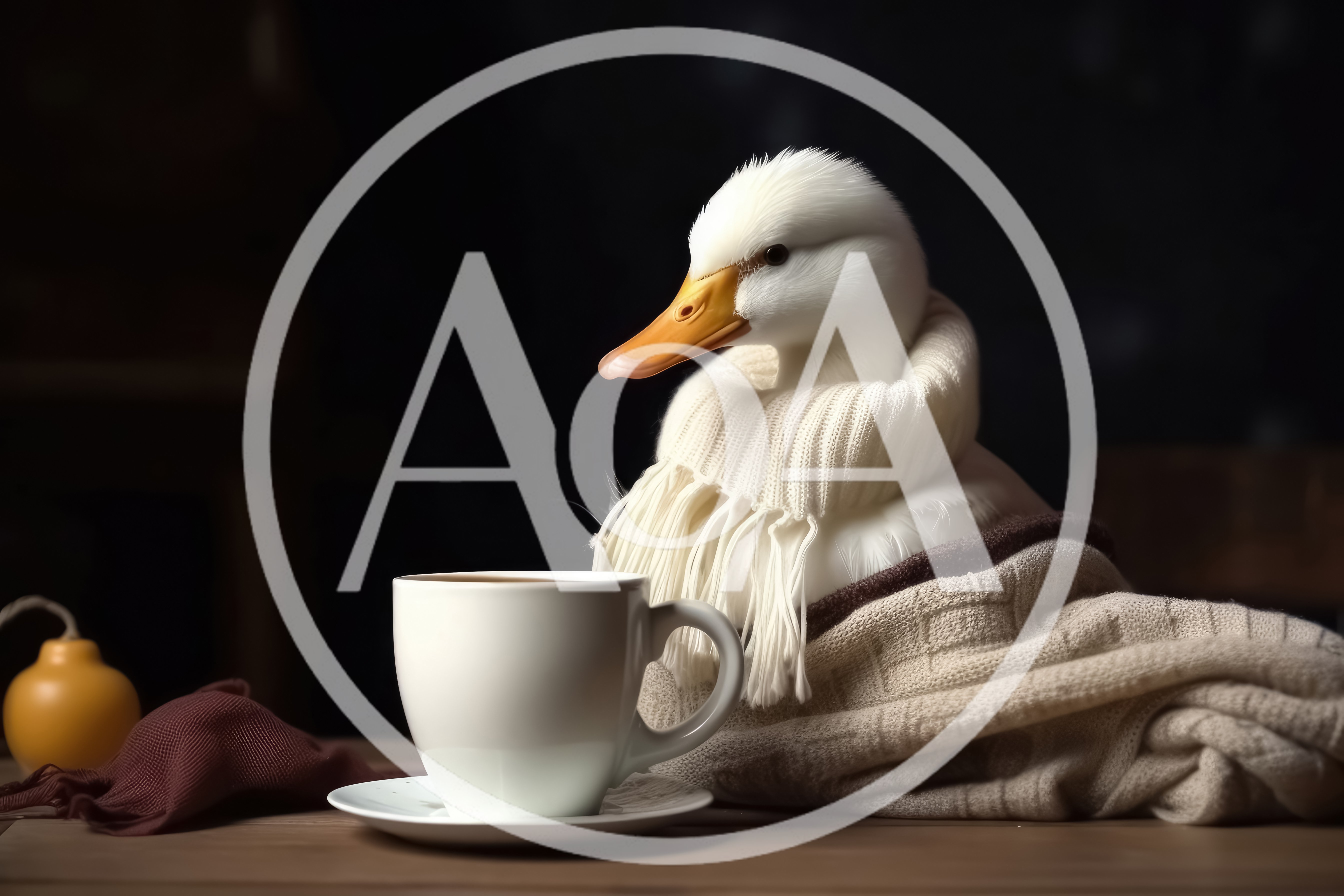 White Duck Wearing A Scarf With A Coffee Cup