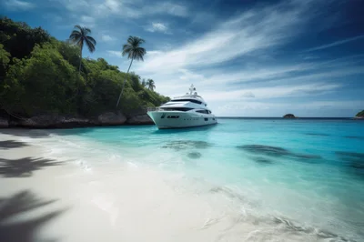 Luxury Superyacht Anchored Near Tropical Island Beach